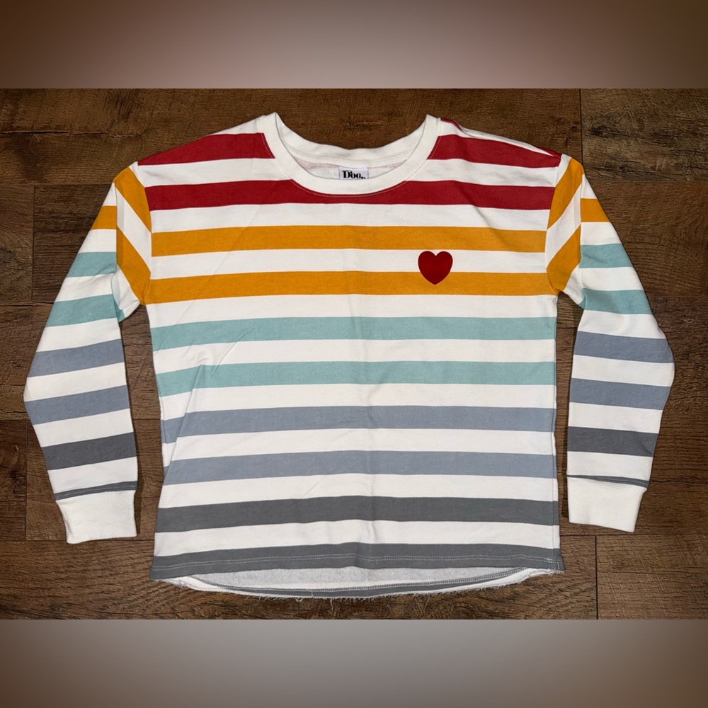 Doe. Velvet Heart Rainbow Striped Multicolor Crewneck Sweatshirt w/ Heart Detail